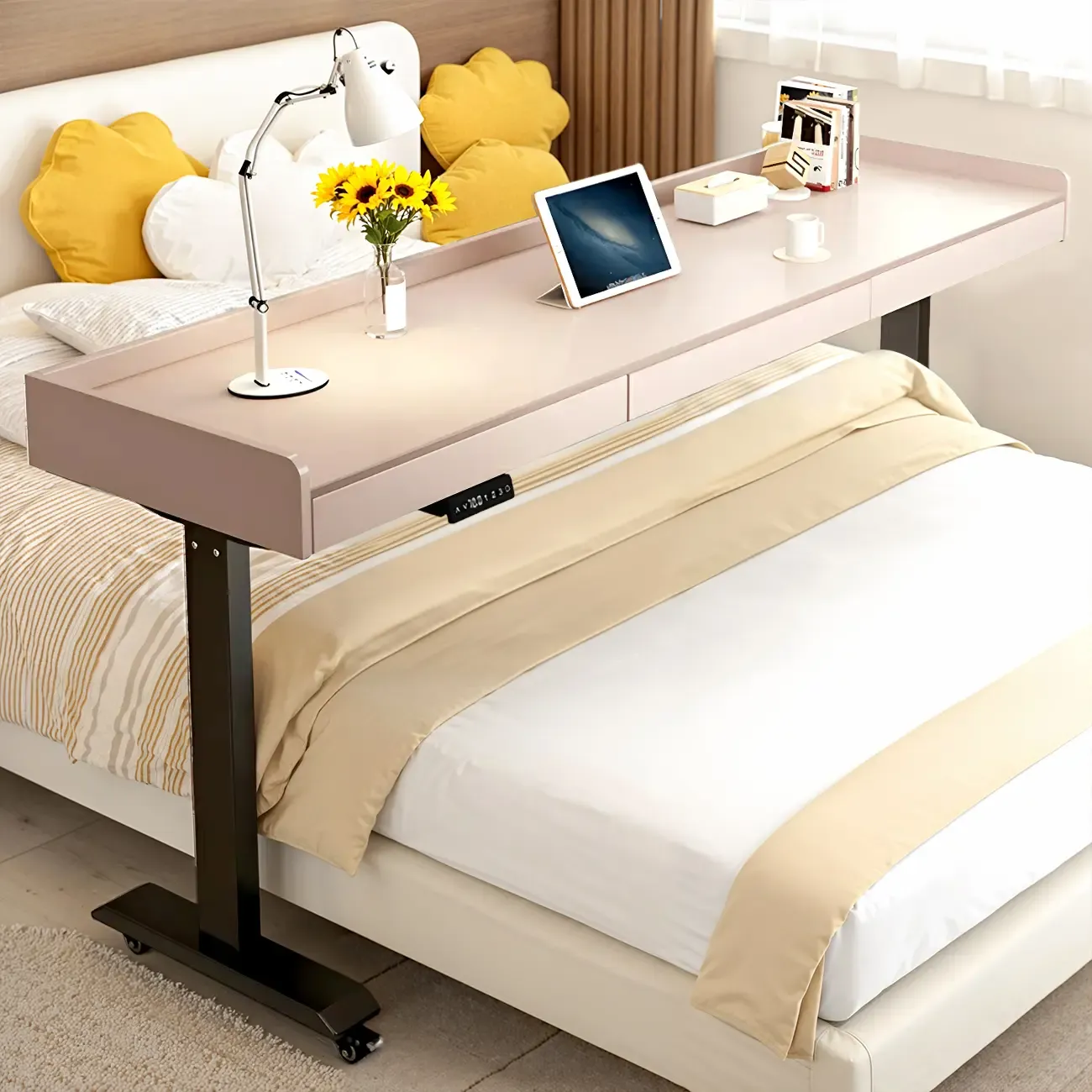 Adjustable Modern Wooden Overbed Table T-Shape Image - 10