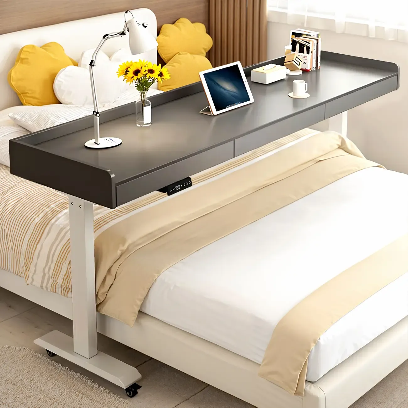 Adjustable Modern Wooden Overbed Table T-Shape Image - 11