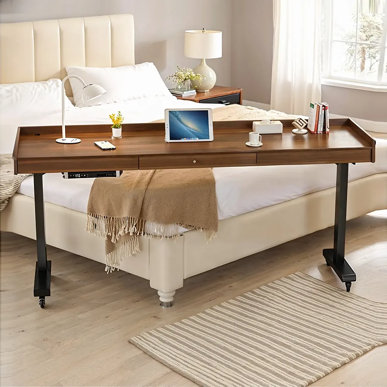 Adjustable Modern Wooden Overbed Table T-Shape Image - 1