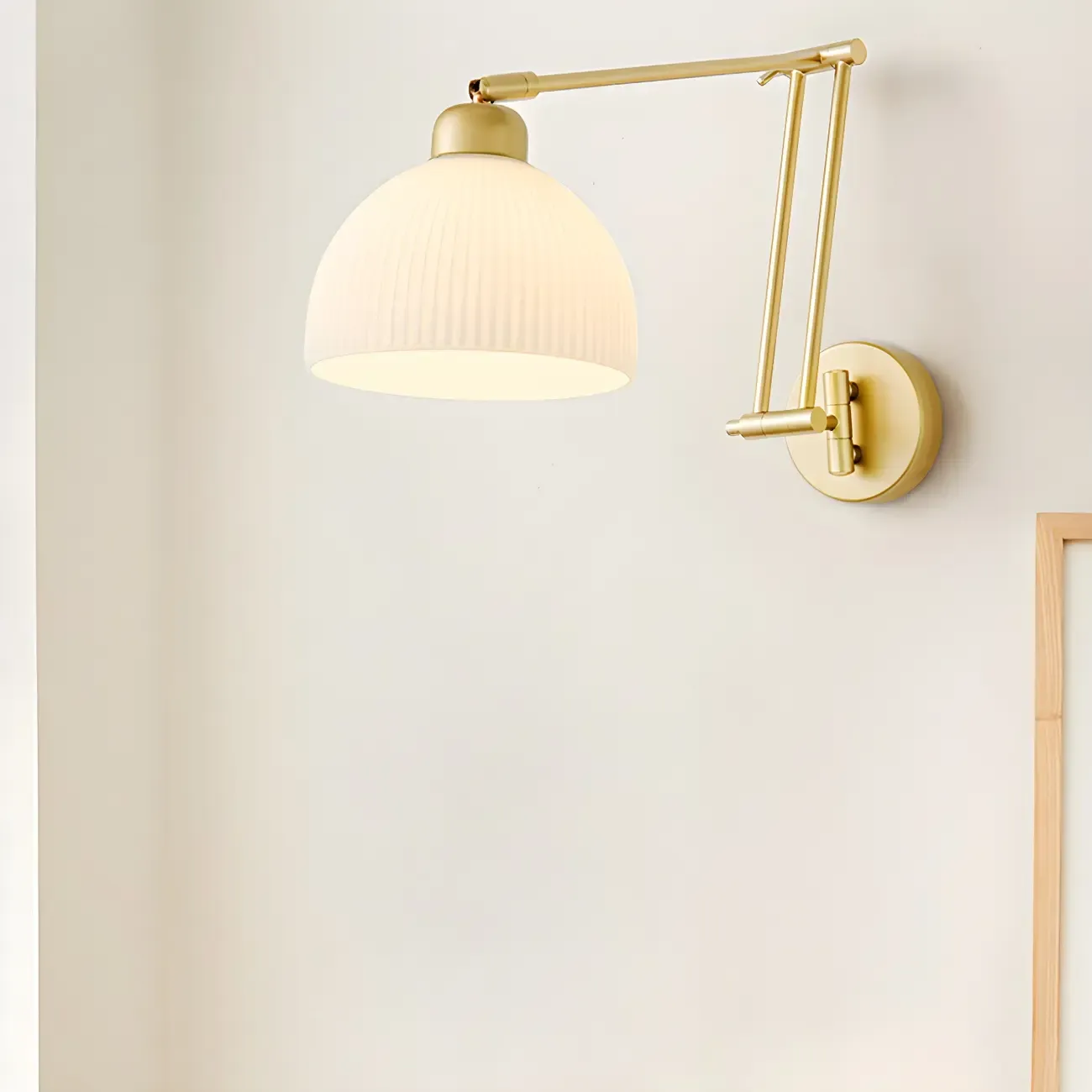 Modern Gold Adjustable Swing Arm Wall Light with White Shade Image - 1