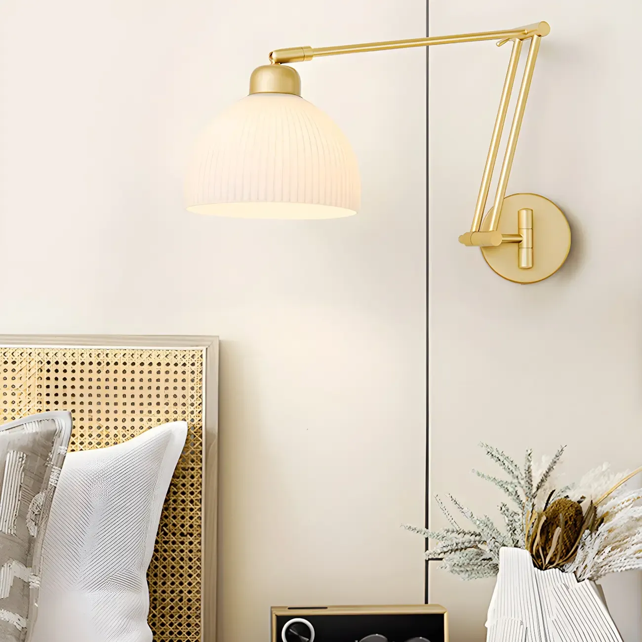 Modern Gold Adjustable Swing Arm Wall Light with White Shade Image - 2