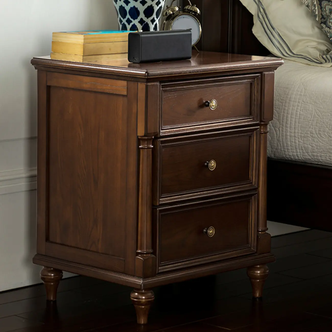 Traditional Ash Wood Nut-Brown 3-Drawer Bedroom Nightstand Image - 1 | homeyfad
