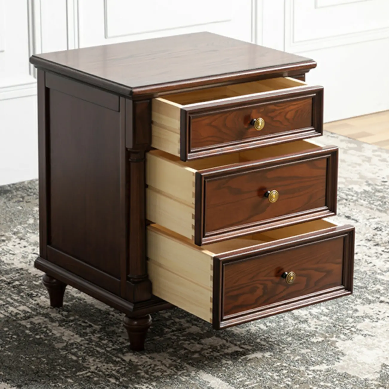 Traditional Ash Wood Nut-Brown 3-Drawer Bedroom Nightstand Image - 8 | homeyfad