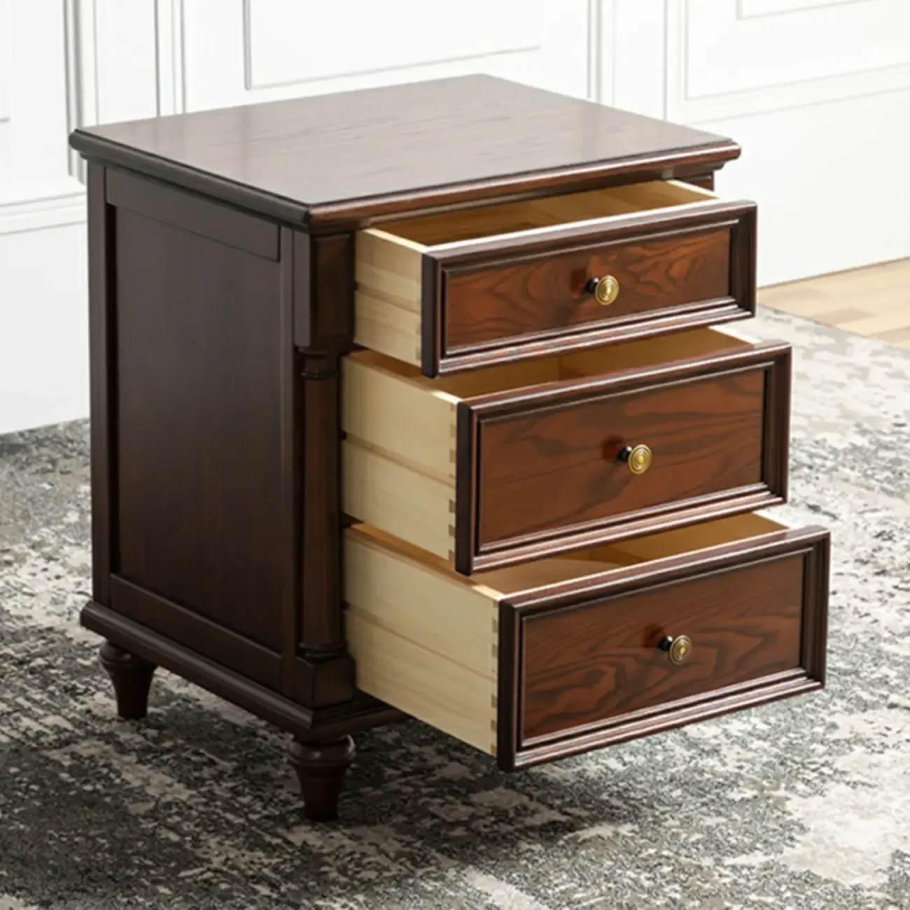 Traditional Ash Wood Nut-Brown 3-Drawer Bedroom Nightstand Image - 8