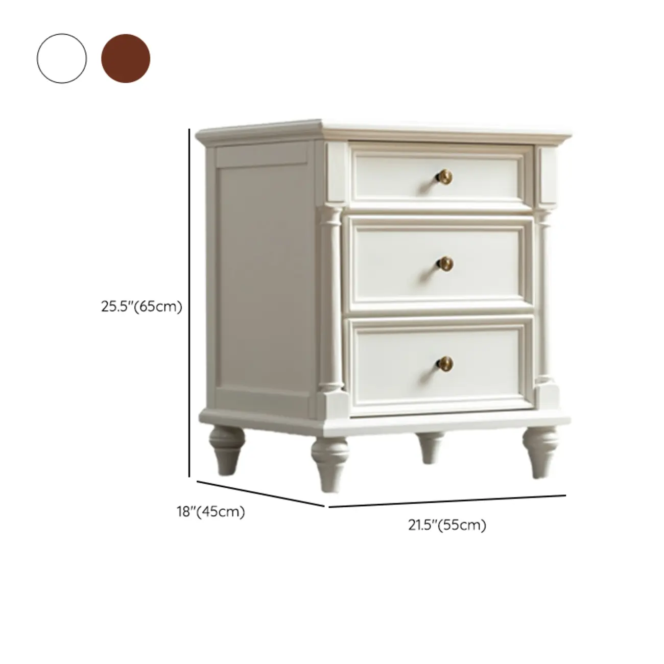 Traditional Ash Wood Nut-Brown 3-Drawer Bedroom Nightstand #size