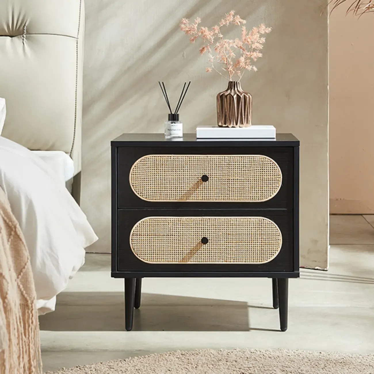 Modern Rattan Espresso Wood 2-Drawer Nightstand Image - 1
