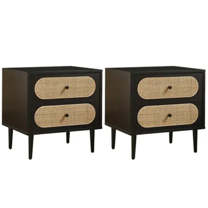 Modern Rattan Espresso Wood 2-Drawer Nightstand Image - 4