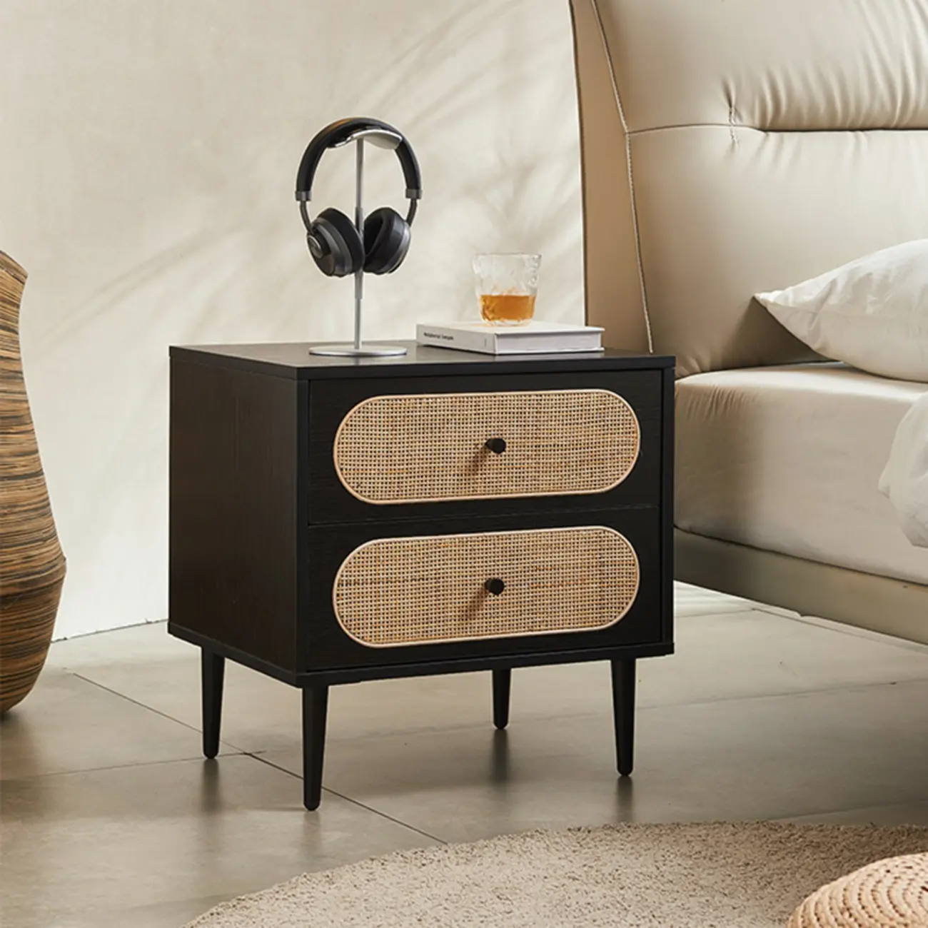 Modern Rattan Espresso Wood 2-Drawer Nightstand Image - 2 | homeyfad