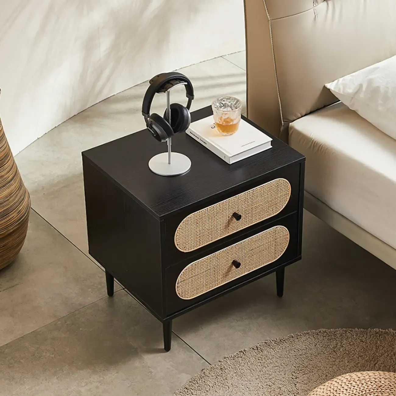 Modern Rattan Espresso Wood 2-Drawer Nightstand Image - 3