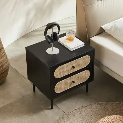 Modern Rattan Espresso Wood 2-Drawer Nightstand Image - 3