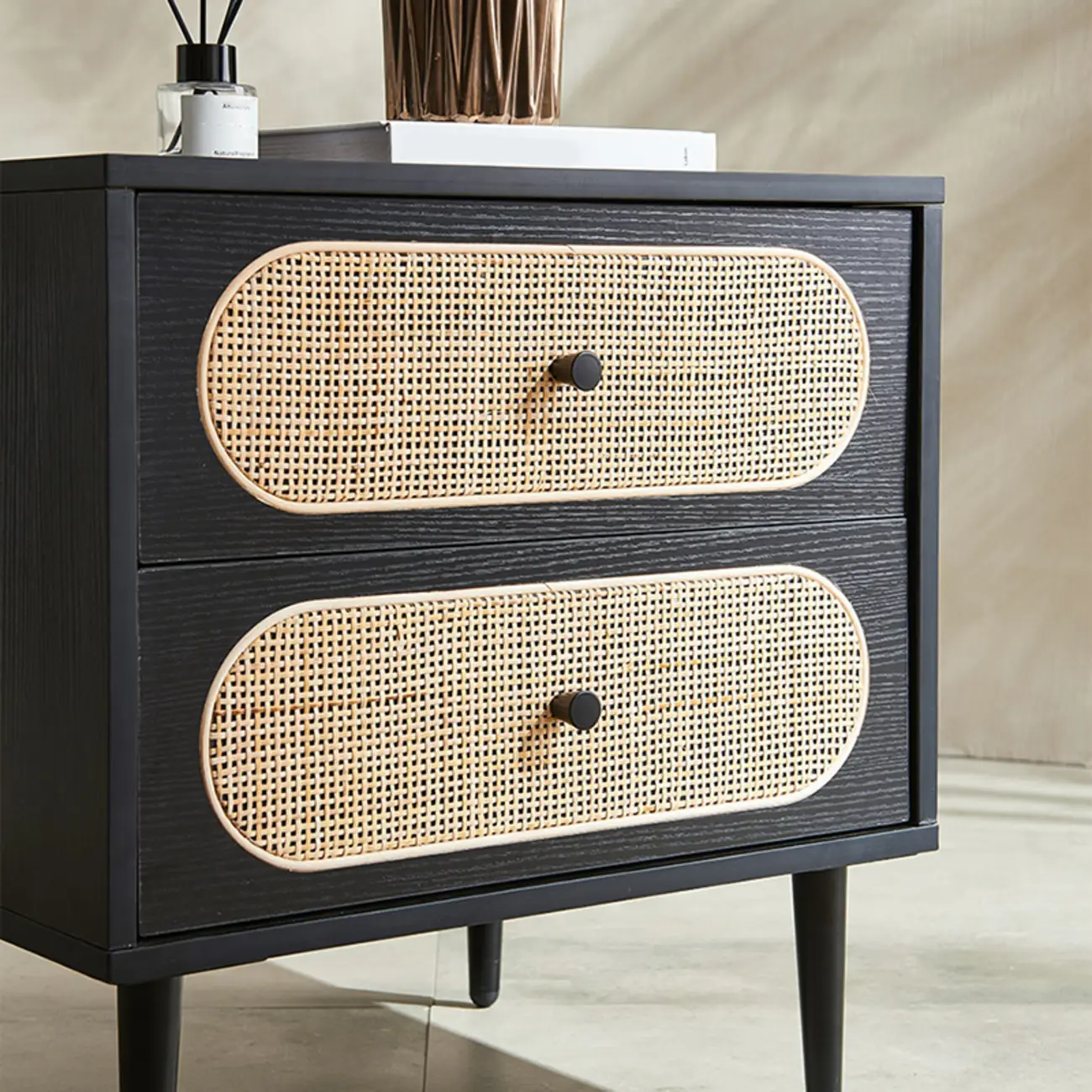 Modern Rattan Espresso Wood 2-Drawer Nightstand Image - 6 | homeyfad