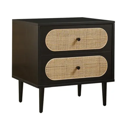 Modern Rattan Espresso Wood 2-Drawer Nightstand Image - 5