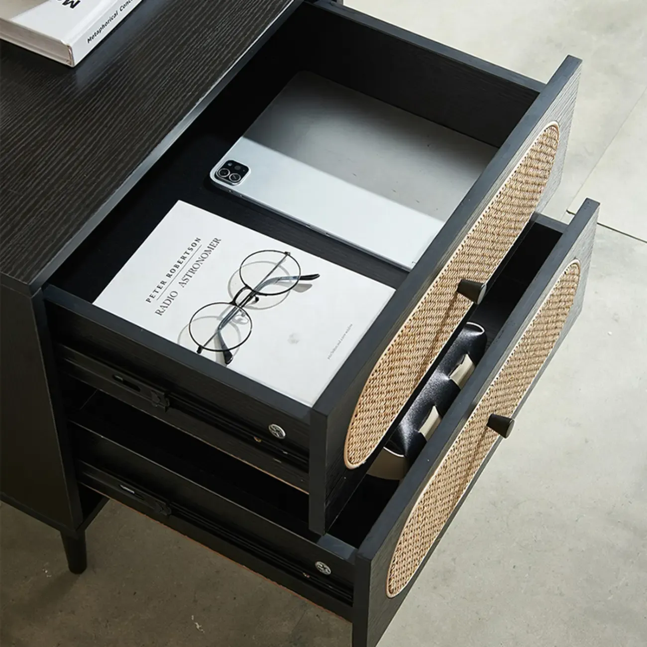 Modern Rattan Espresso Wood 2-Drawer Nightstand Image - 7