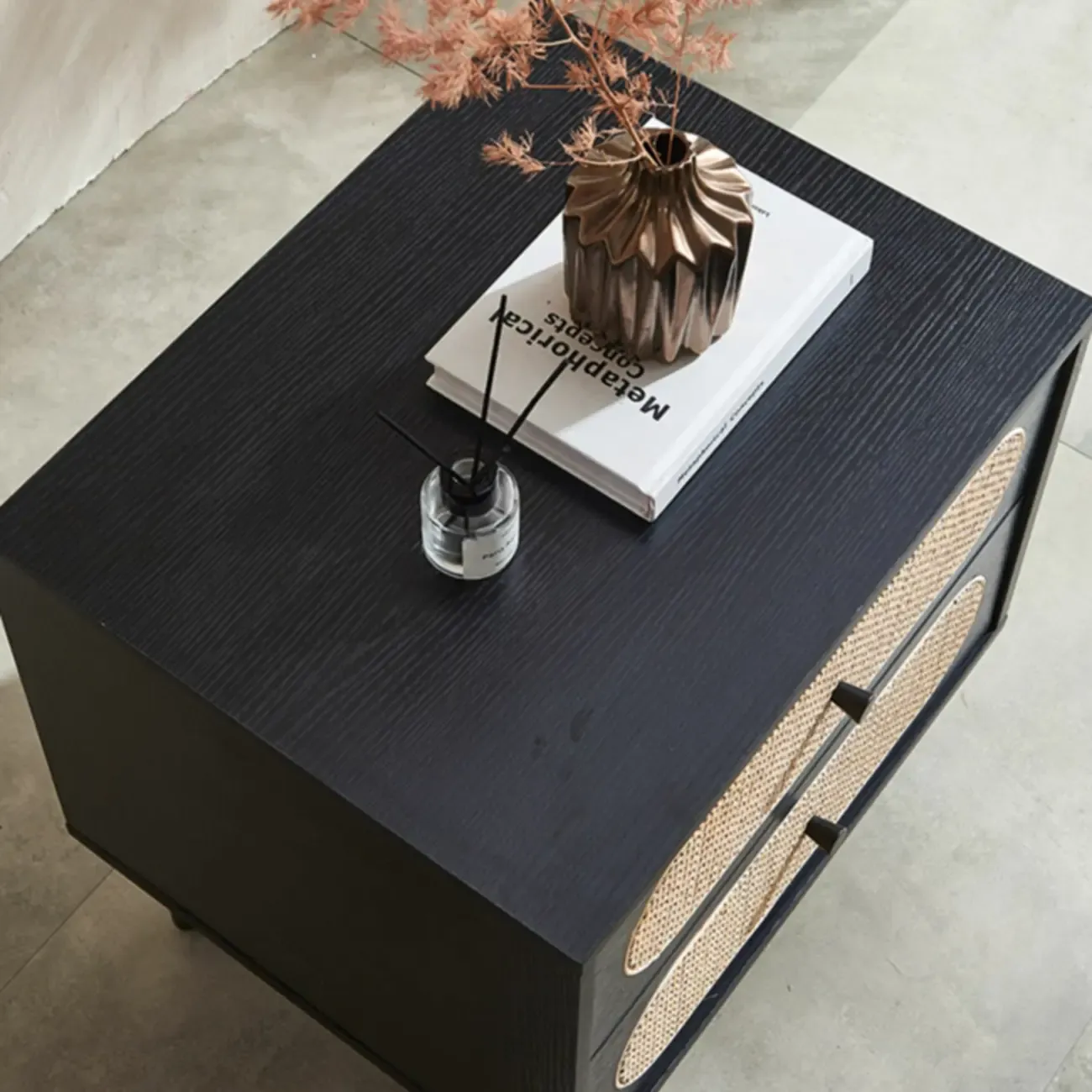 Modern Rattan Espresso Wood 2-Drawer Nightstand Image - 9