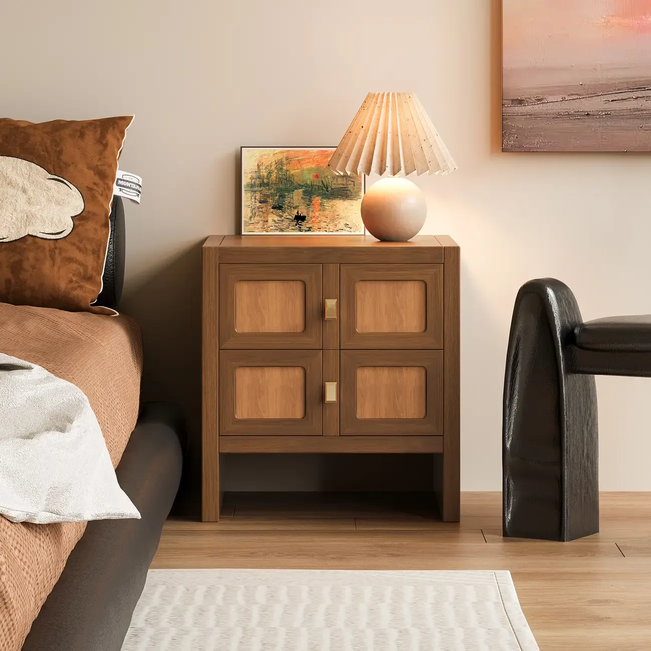 Vintage Solid Wood Artistic Floral 2-Drawer Nightstand Image - 3