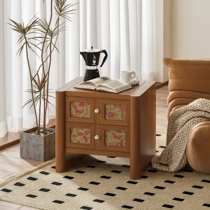 Vintage Solid Wood Artistic Floral 2-Drawer Nightstand Image - 2