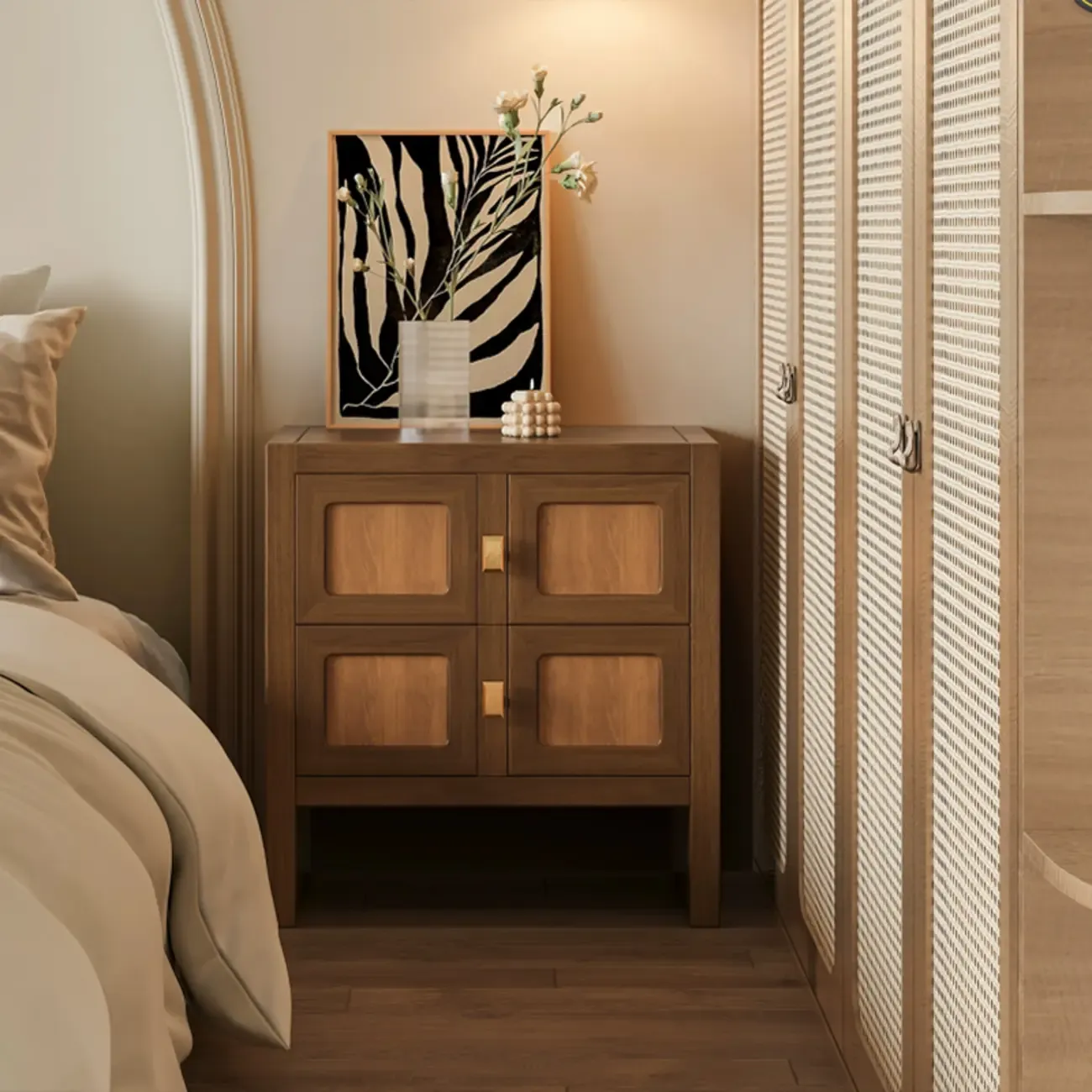 Vintage Solid Wood Artistic Floral 2-Drawer Nightstand Image - 4