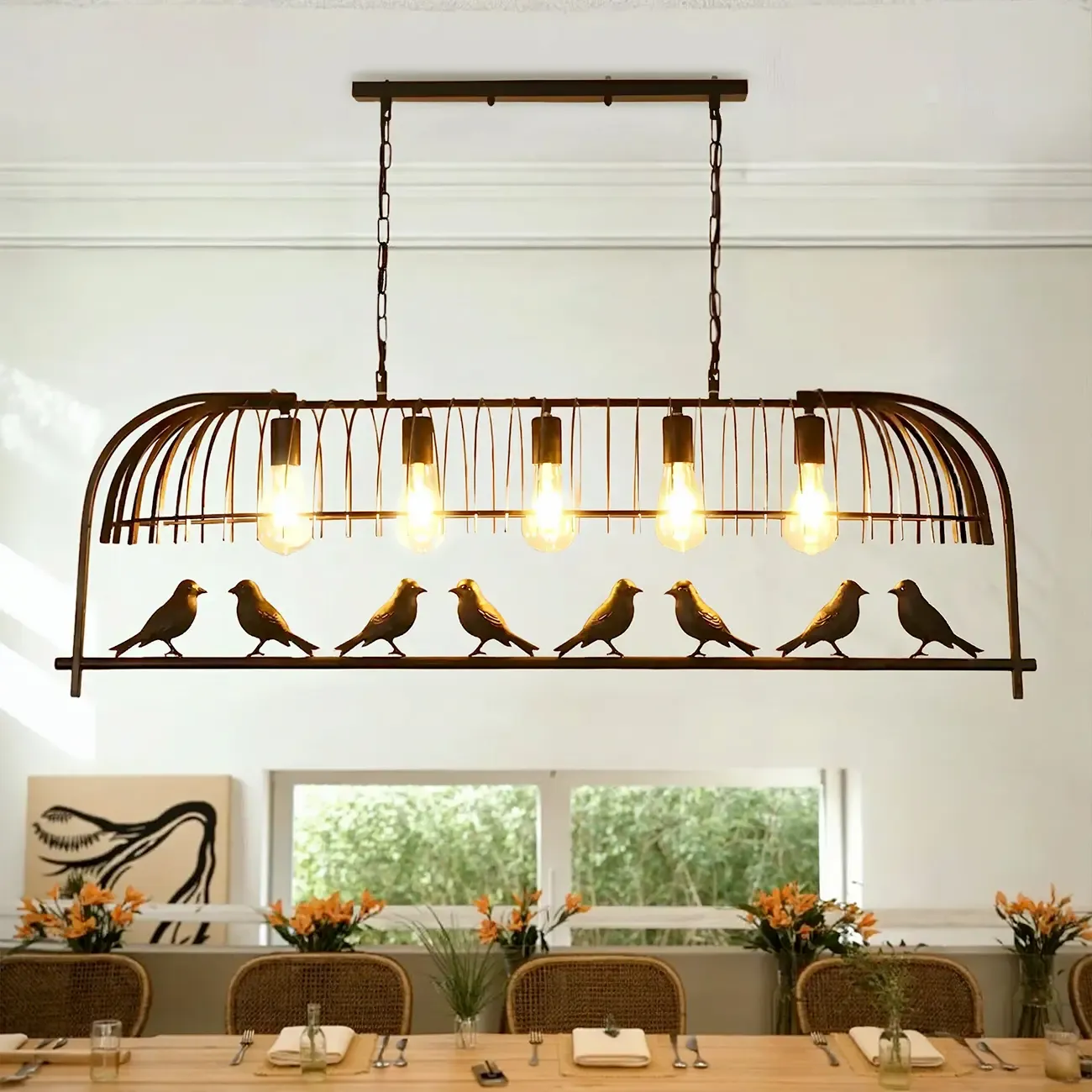 Sleek Black Metal Birdcage Island Pendant Light Image - 1