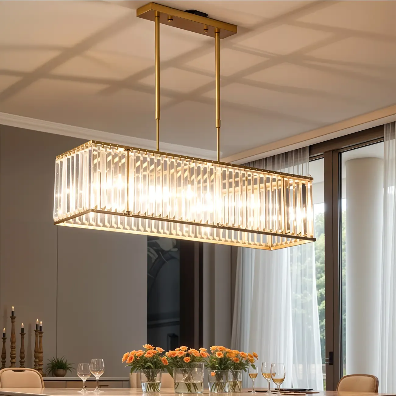 Luxury Crystal Gold Rectangle Island Pendant Light Image - 2