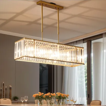Luxury Crystal Gold Rectangle Island Pendant Light Image - 2