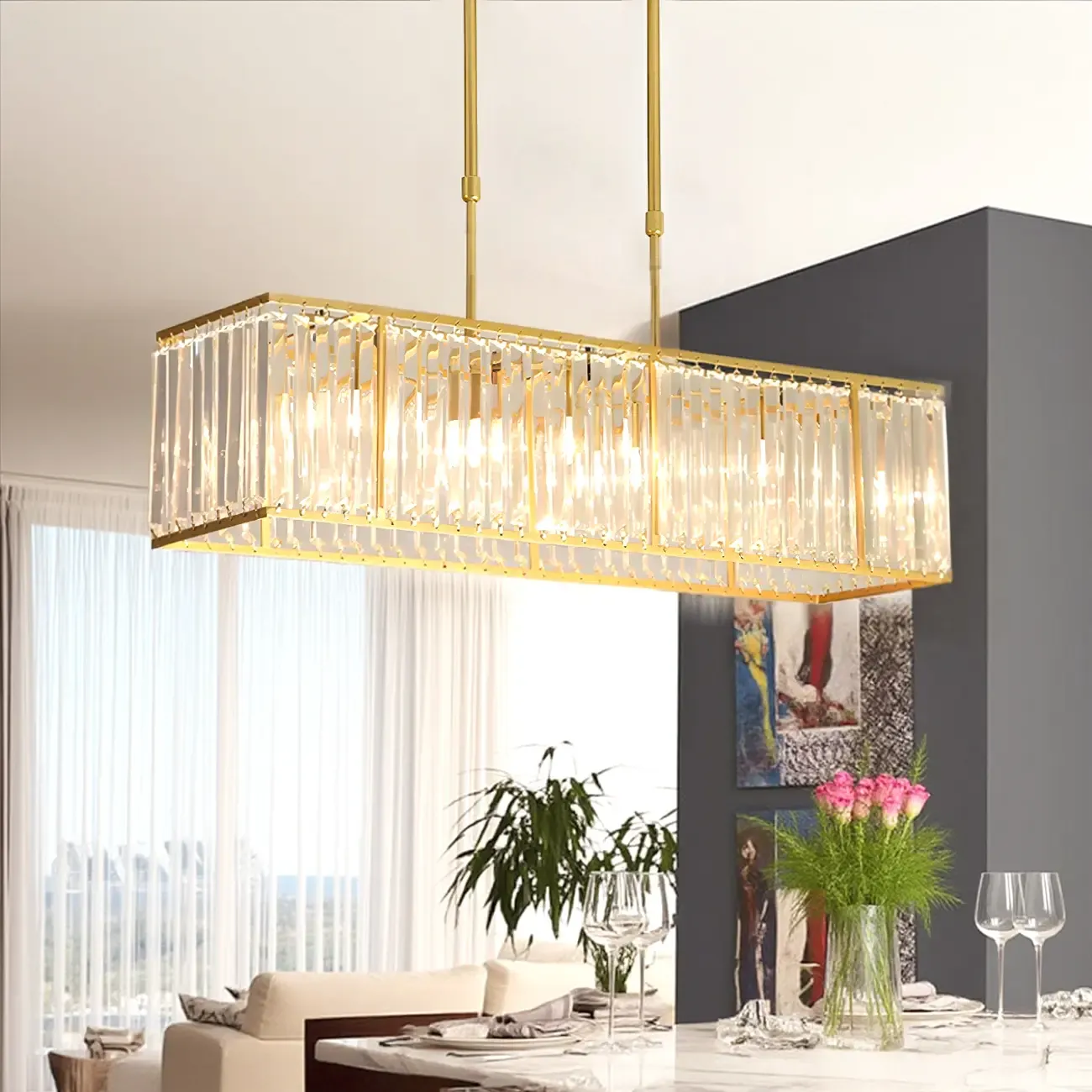 Luxury Crystal Gold Rectangle Island Pendant Light Image - 3