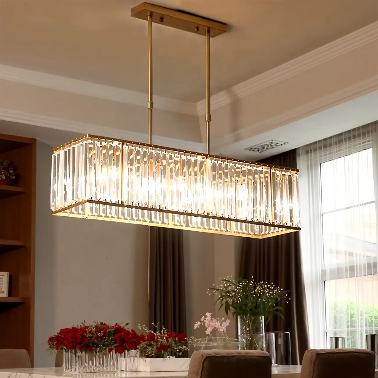 Luxury Crystal Gold Rectangle Island Pendant Light Image - 4