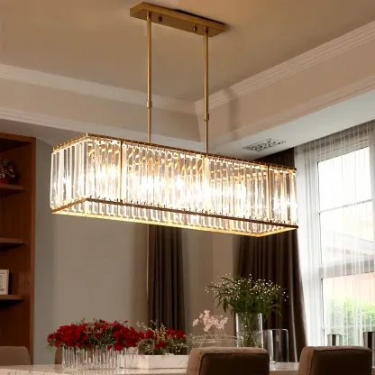 Luxury Crystal Gold Rectangle Island Pendant Light Image - 4