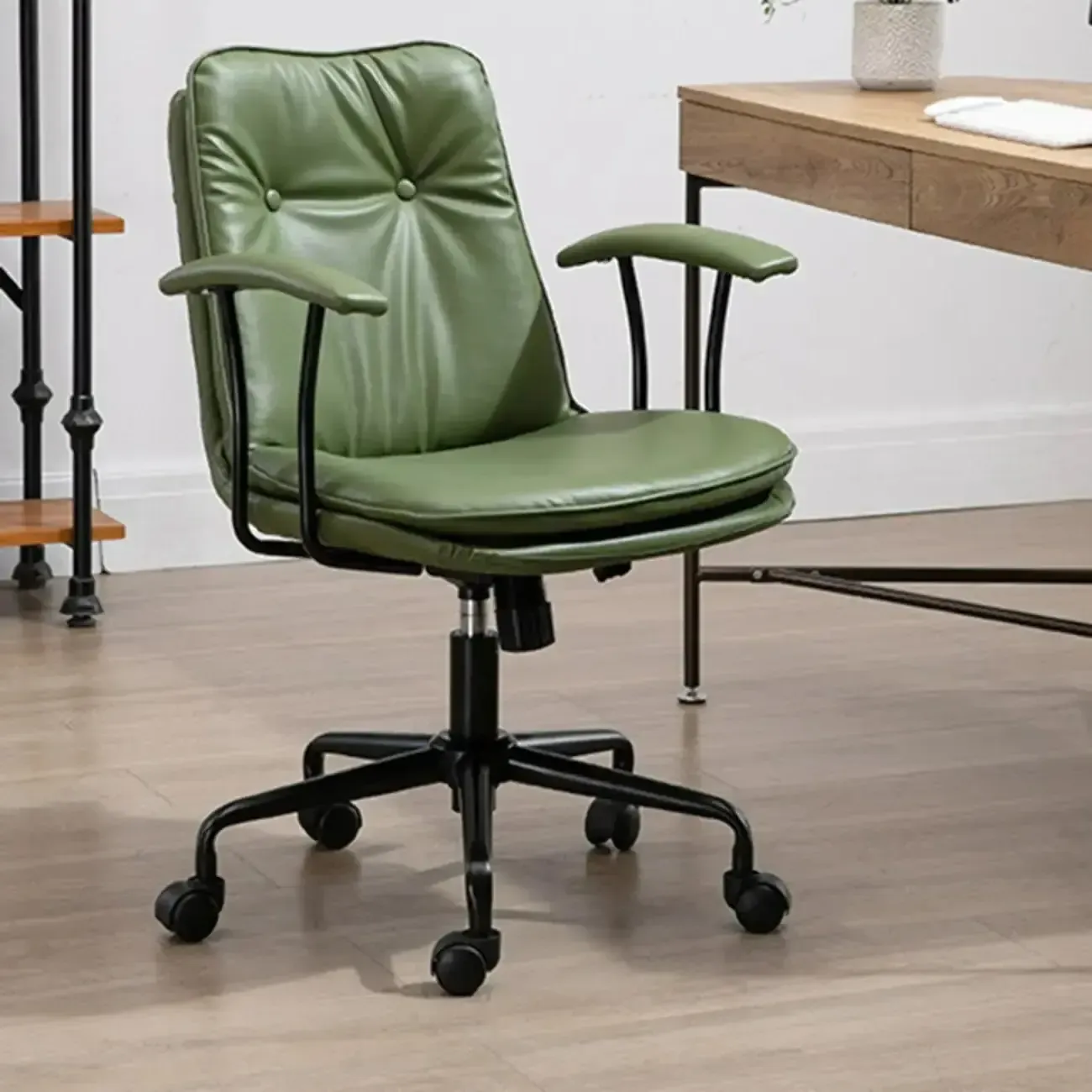 Modern Army Green Leather Adjustable Swivel Office Chair Image - 1