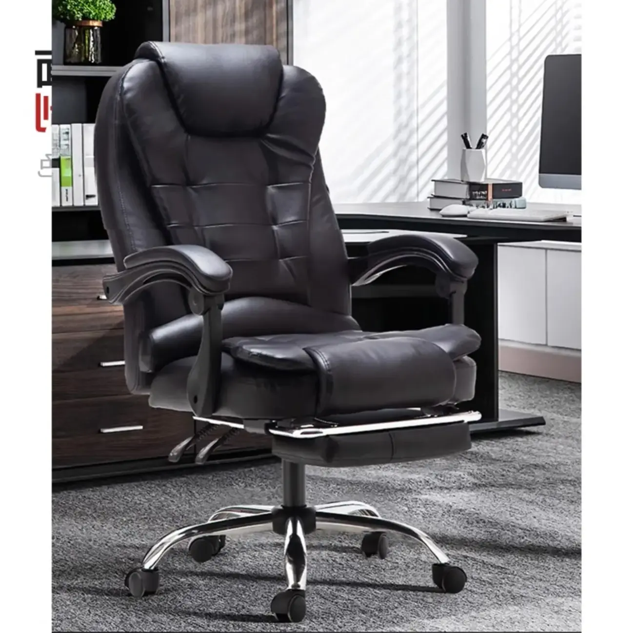 Executive Ergonomic Black Leather Reclining Office Chair Image - 1 | homeyfad