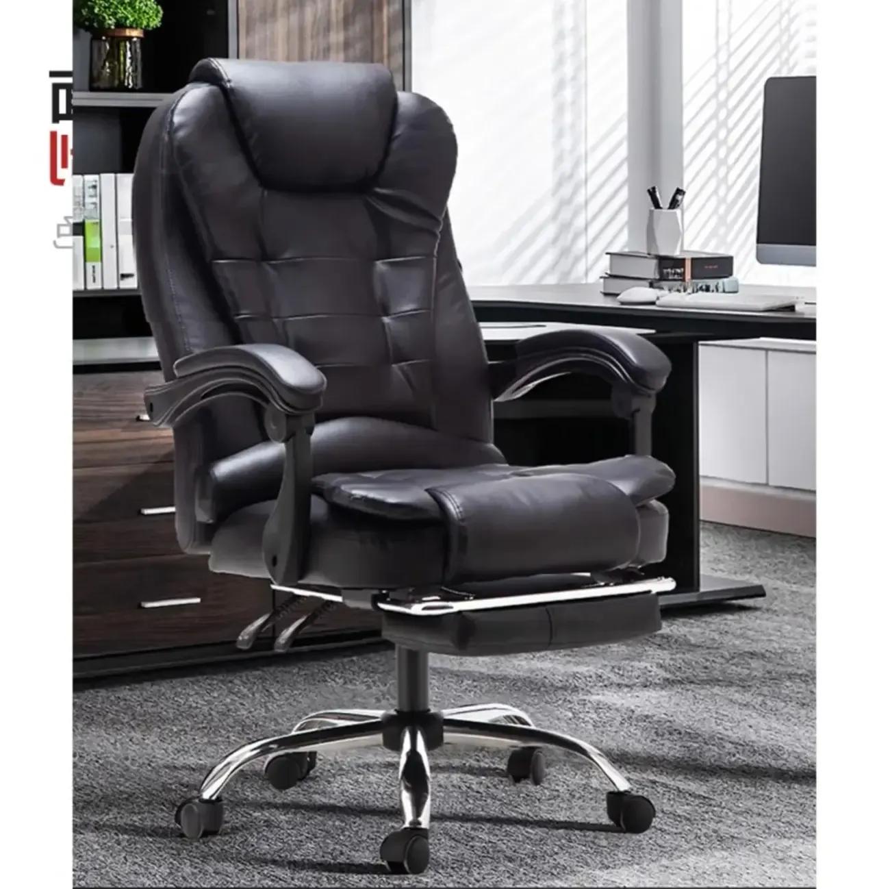 Executive Ergonomic Black Leather Reclining Office Chair Image - 1