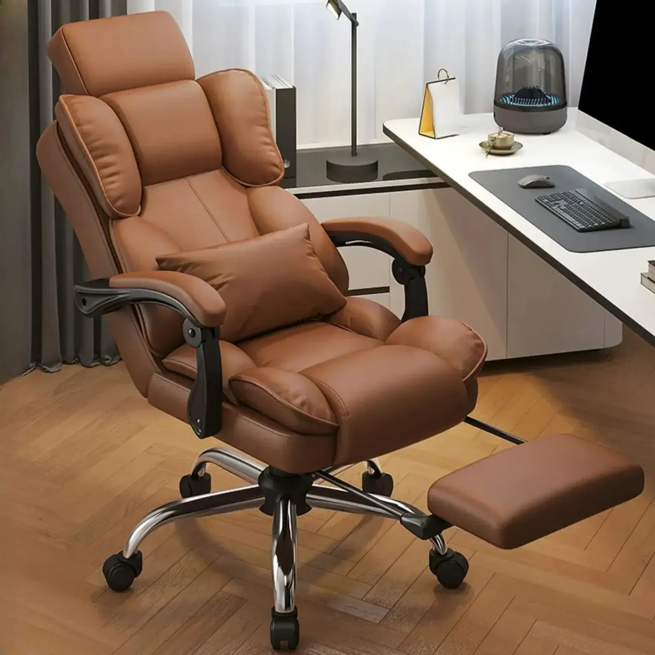 Ergonomic Brown Leather Reclining Office Chair Image - 1 | homeyfad