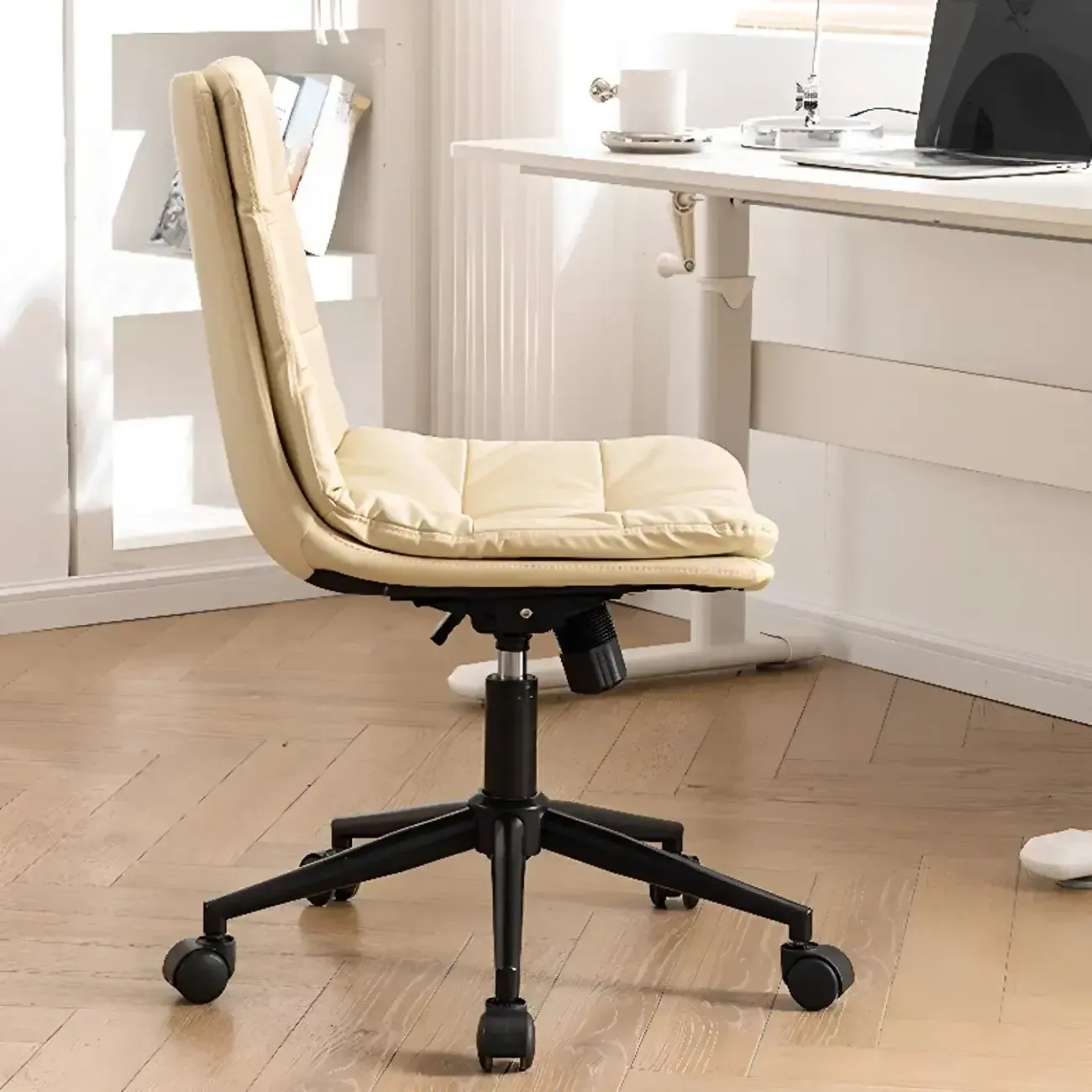 Modern Beige Leathaire Adjustable Swivel Office Chair Image - 2