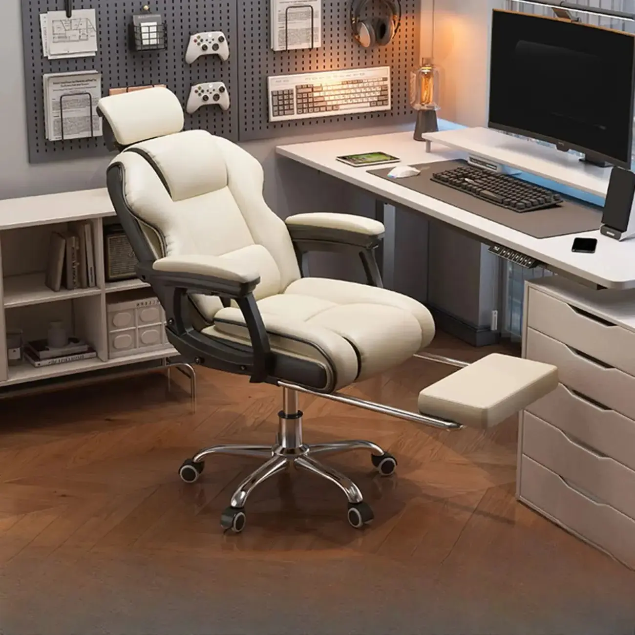 Ergonomic White Upholstered  Reclining Office Chair Image - 1 | homeyfad