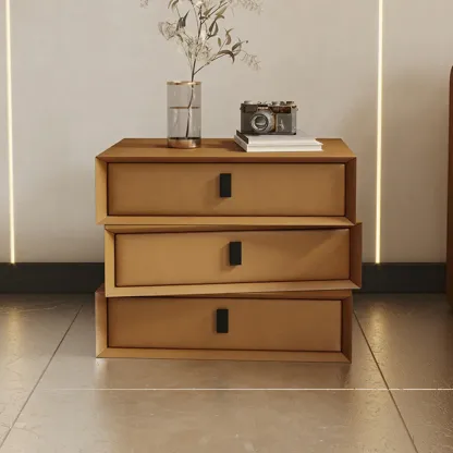 Compact Orange Faux Leather 3-Drawer Stacked Nightstand Image - 1