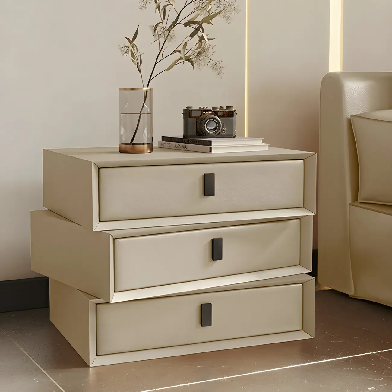 Compact Orange Faux Leather 3-Drawer Stacked Nightstand Image - 2