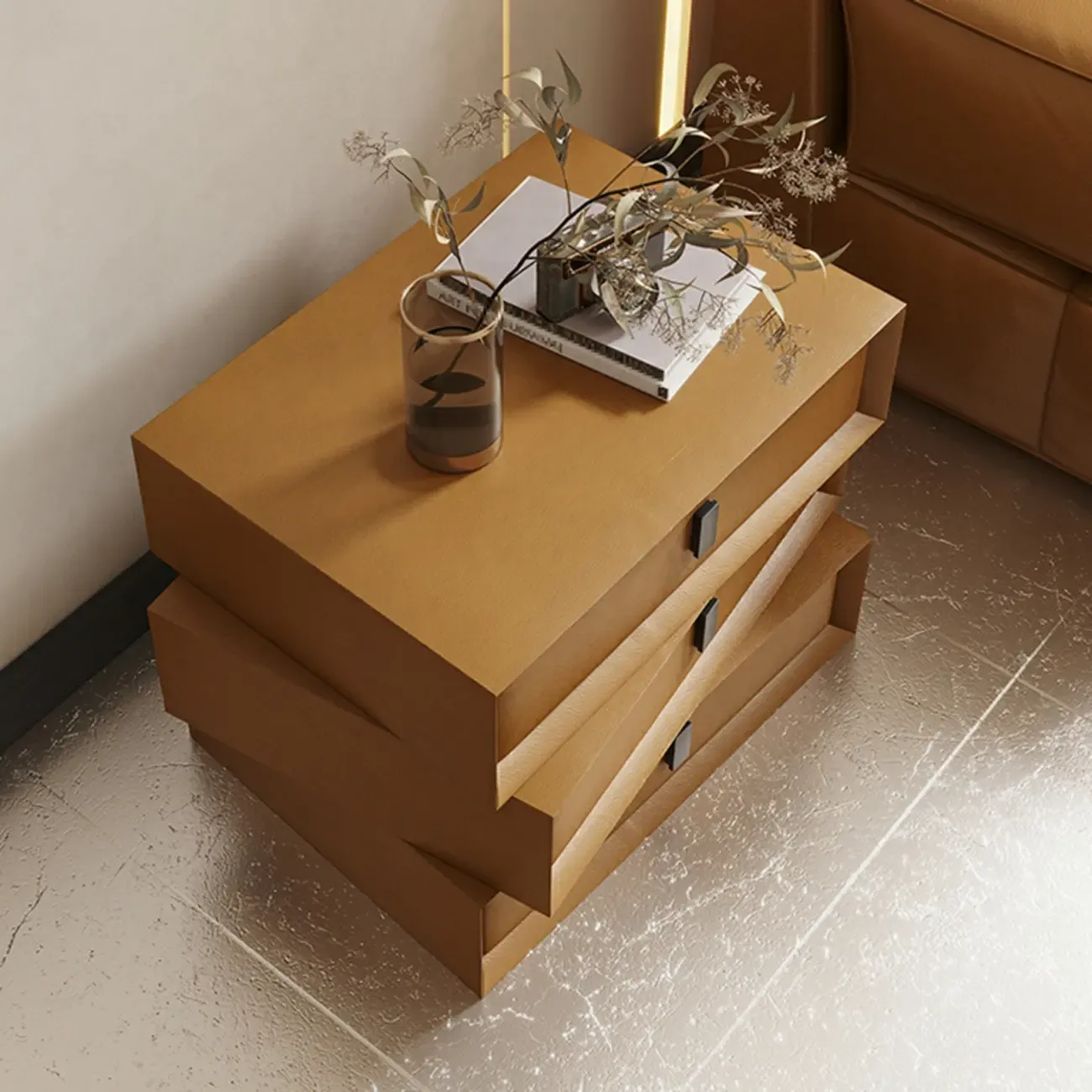 Compact Orange Faux Leather 3-Drawer Stacked Nightstand Image - 4