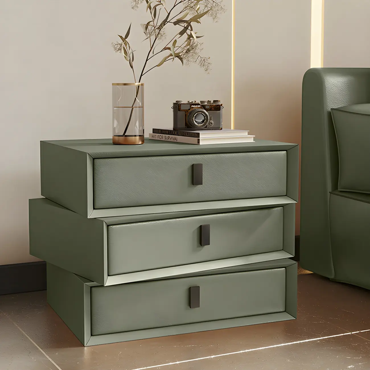 Compact Orange Faux Leather 3-Drawer Stacked Nightstand Image - 3 | homeyfad