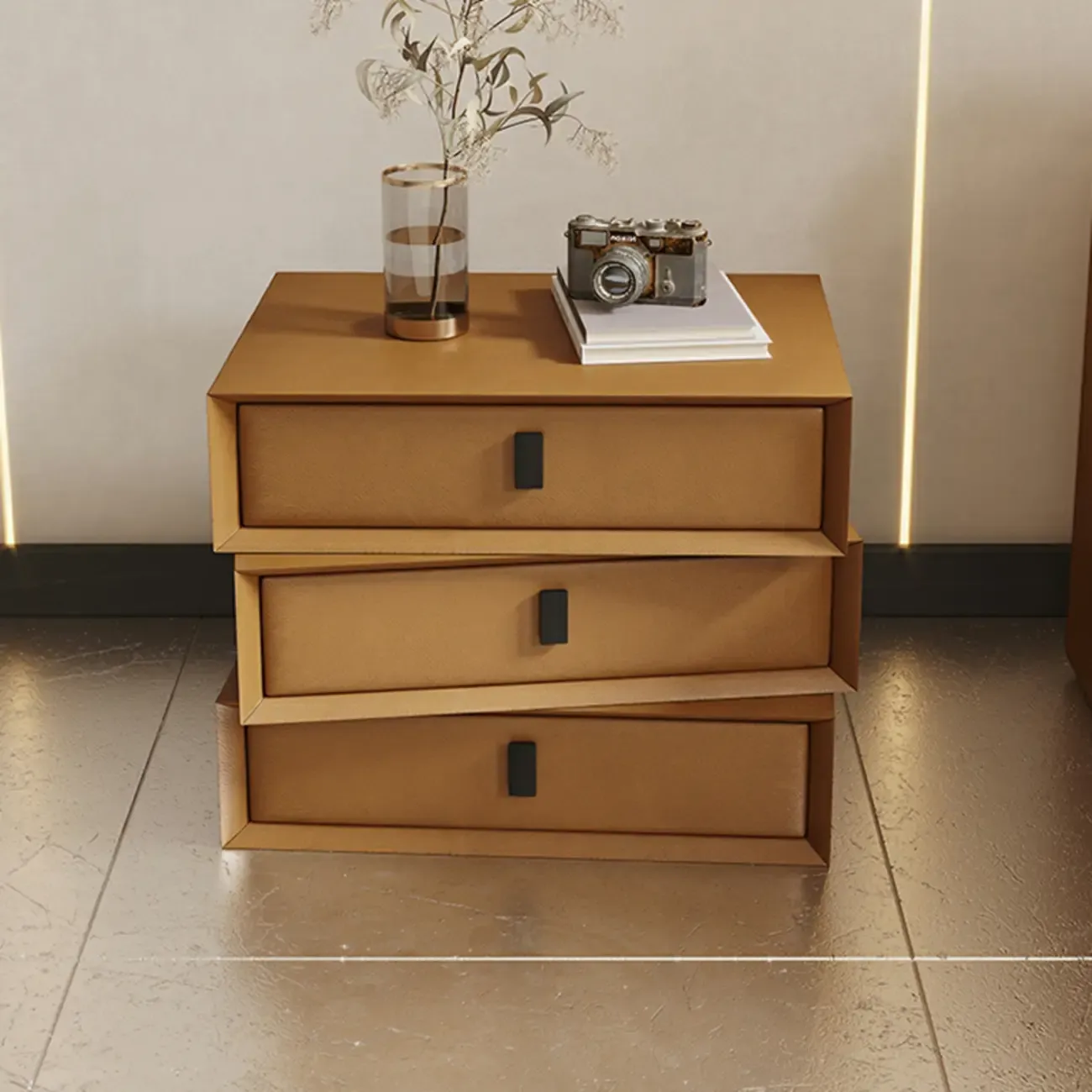 Compact Orange Faux Leather 3-Drawer Stacked Nightstand Image - 6