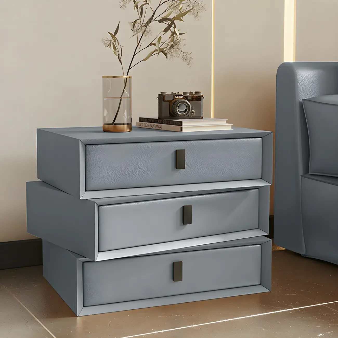 Compact Orange Faux Leather 3-Drawer Stacked Nightstand Image - 7