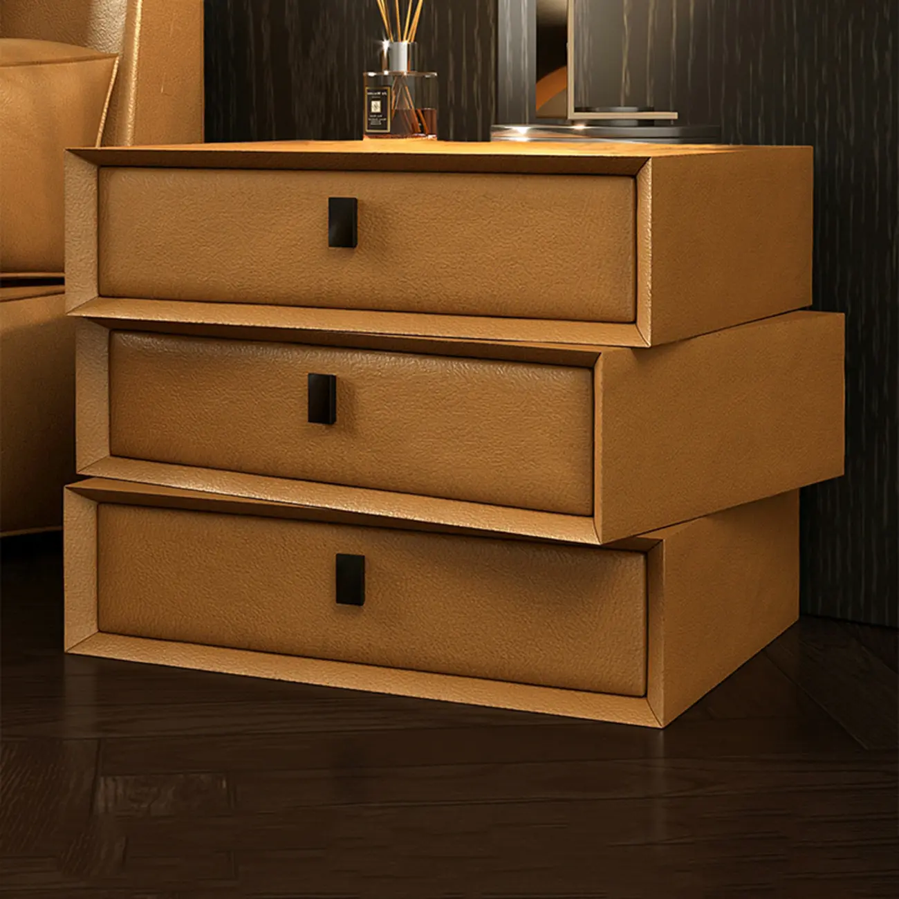 Compact Orange Faux Leather 3-Drawer Stacked Nightstand Image - 8 | homeyfad