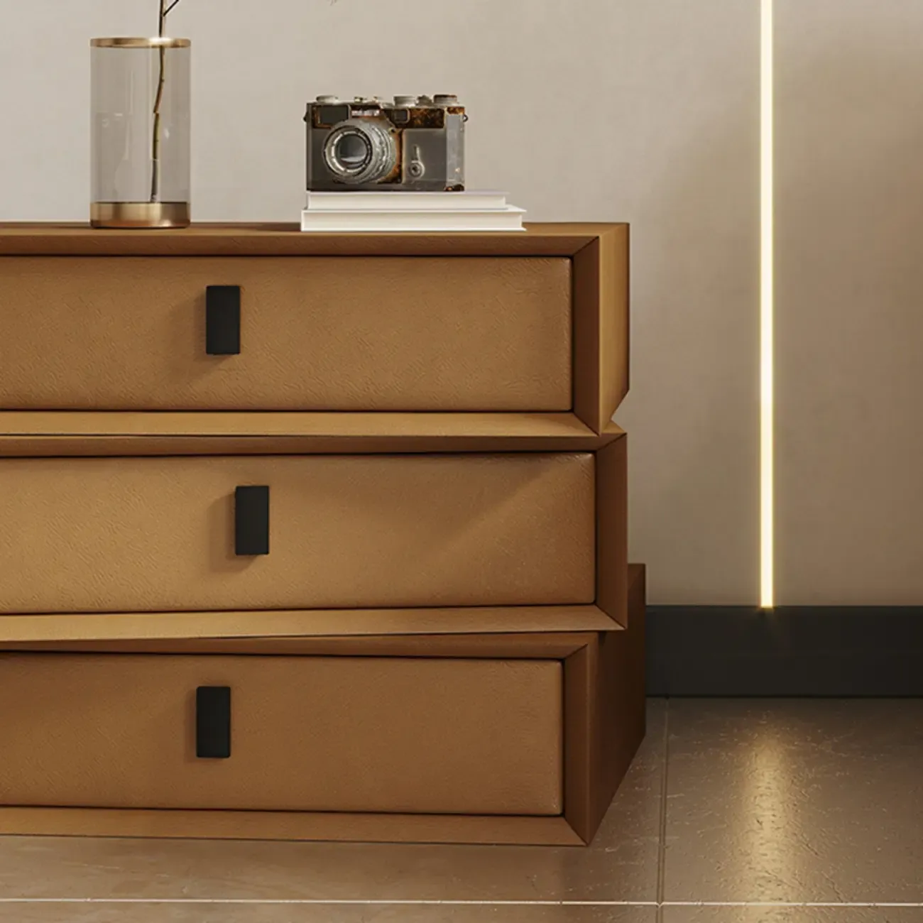 Compact Orange Faux Leather 3-Drawer Stacked Nightstand Image - 12