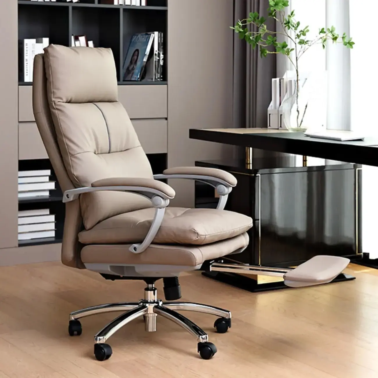 Upholstered Brown Leather Adjustable Swivel Office Chair Image - 1 | homeyfad