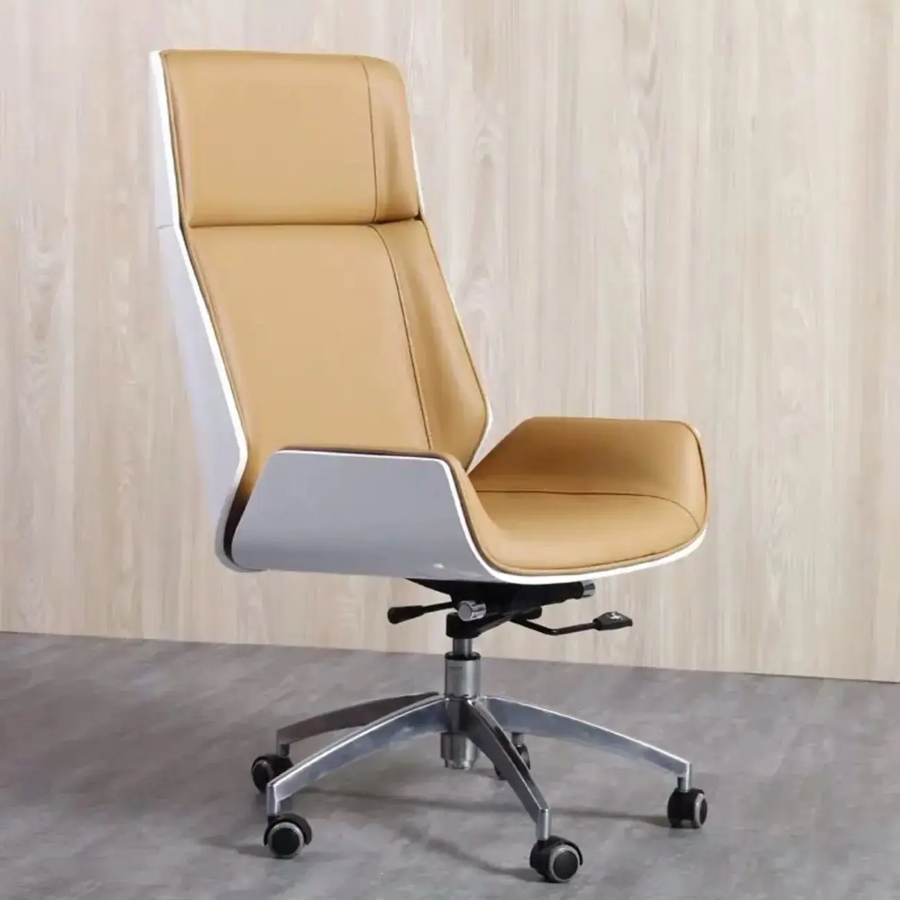 Ergonomic Tan-White Leather Adjustable Swivel Office Chair Image - 1 | homeyfad