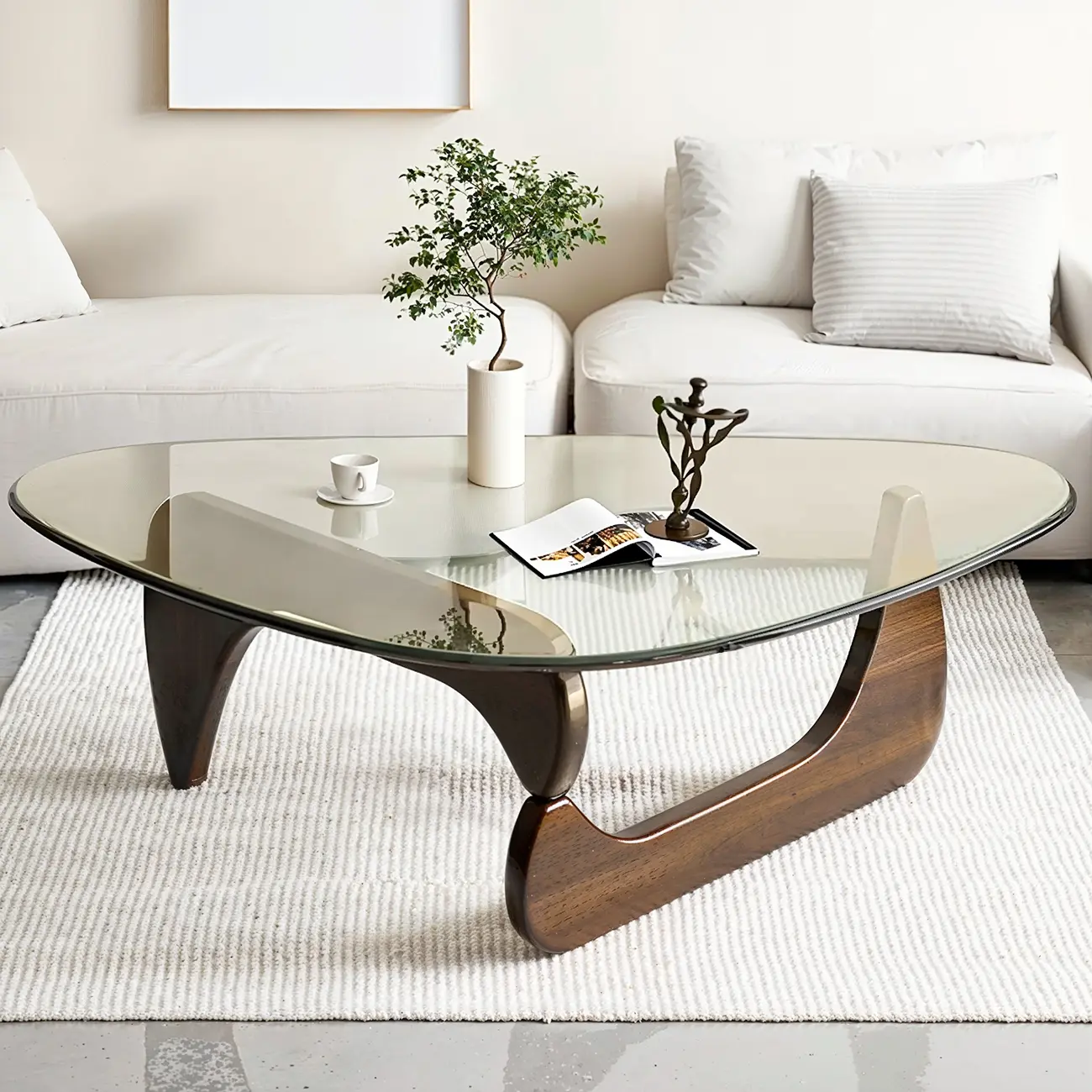 Modern Triangle Glass Coffee Table Wooden Base Image - 1 | homeyfad