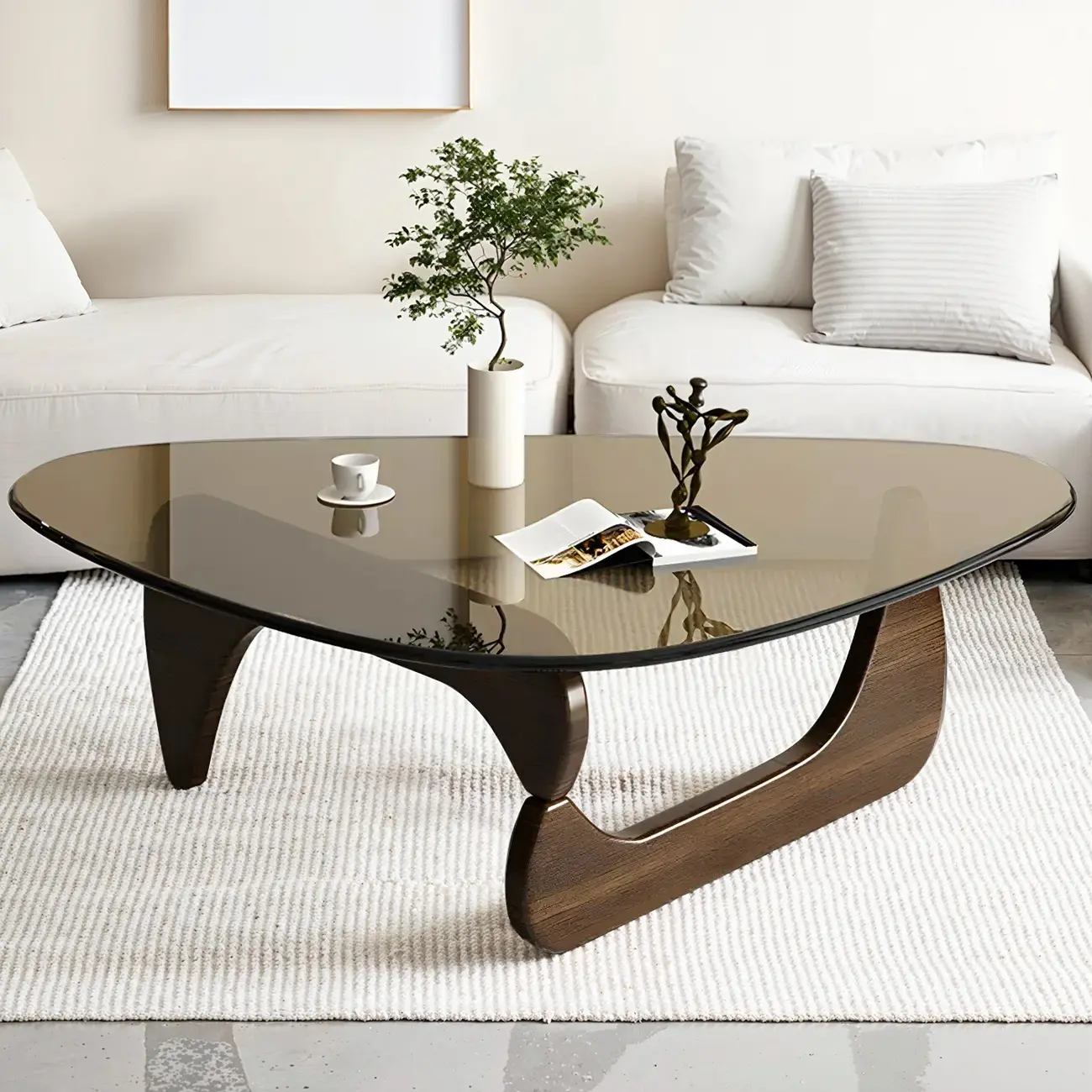 Modern Triangle Glass Coffee Table Wooden Base Image - 2 | homeyfad