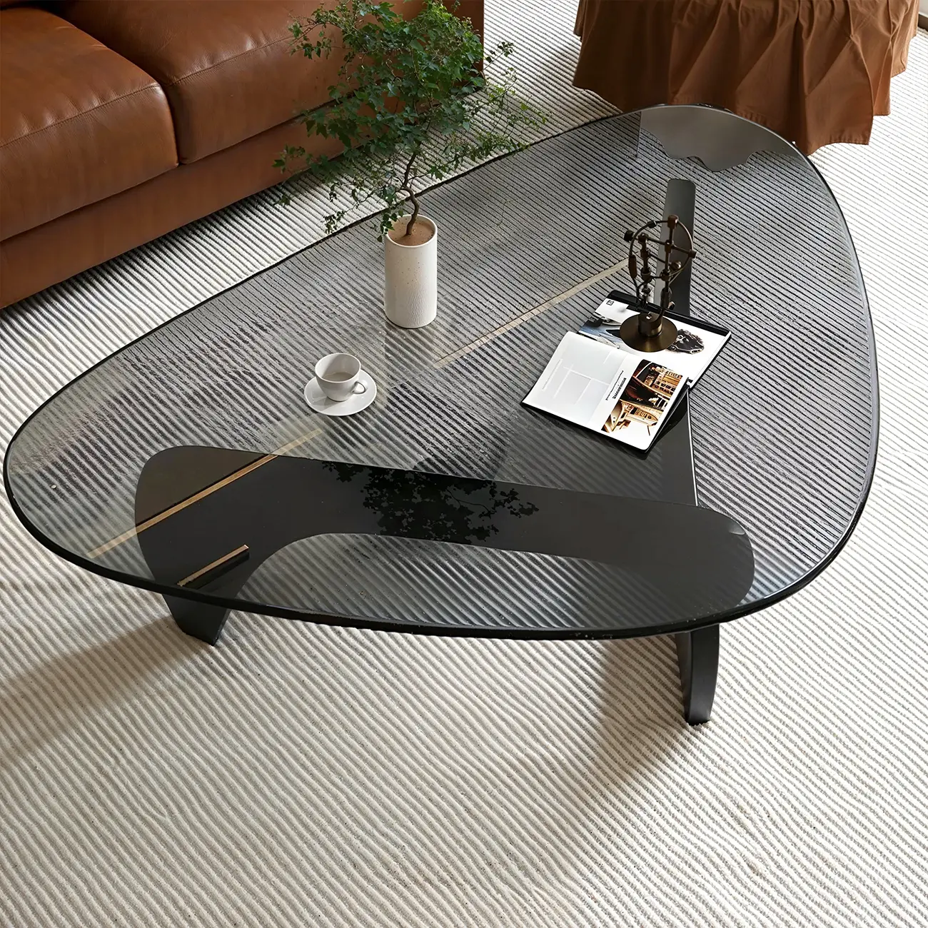 Modern Triangle Glass Coffee Table Wooden Base Image - 3 | homeyfad