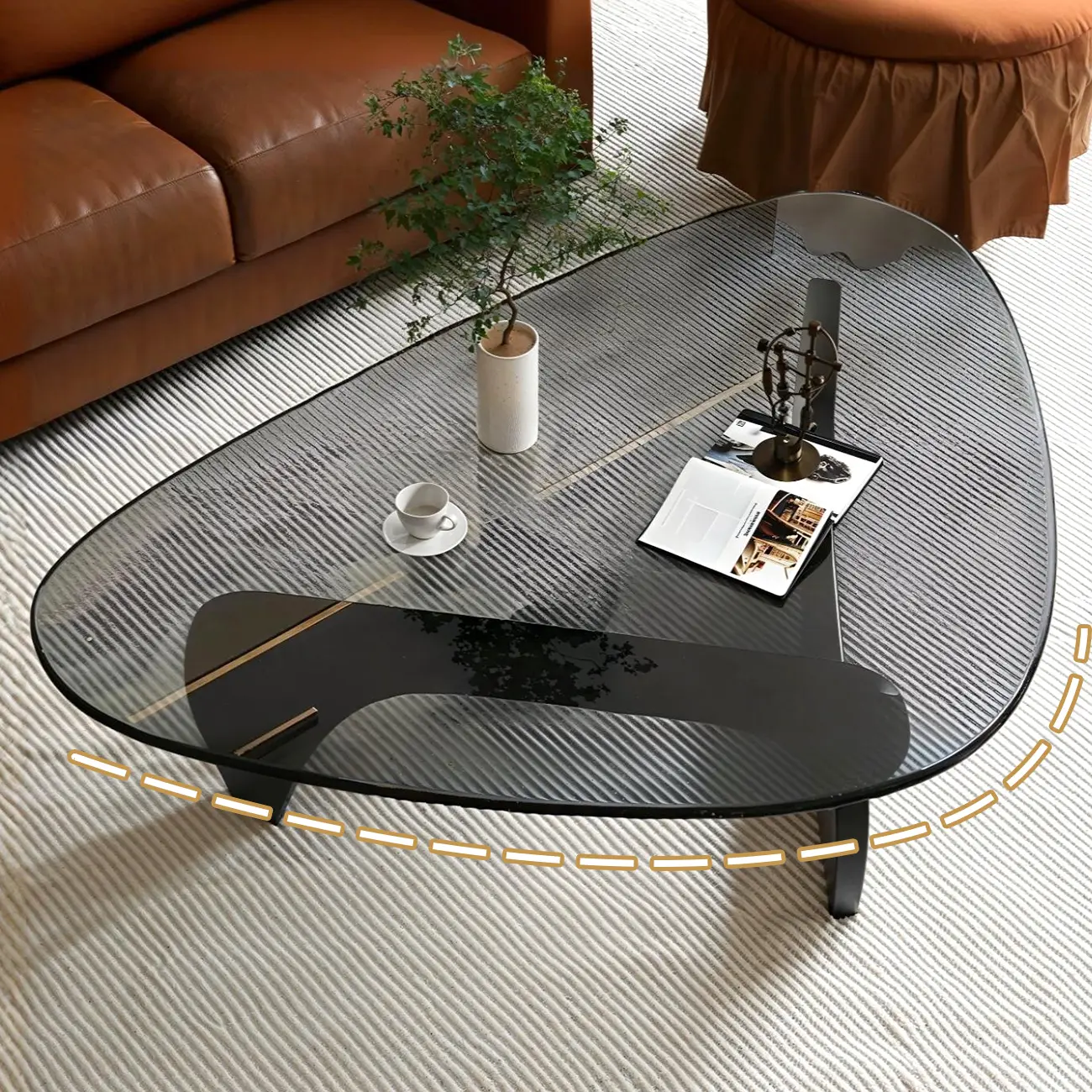 Modern Triangle Glass Coffee Table Wooden Base Image - 6 | homeyfad