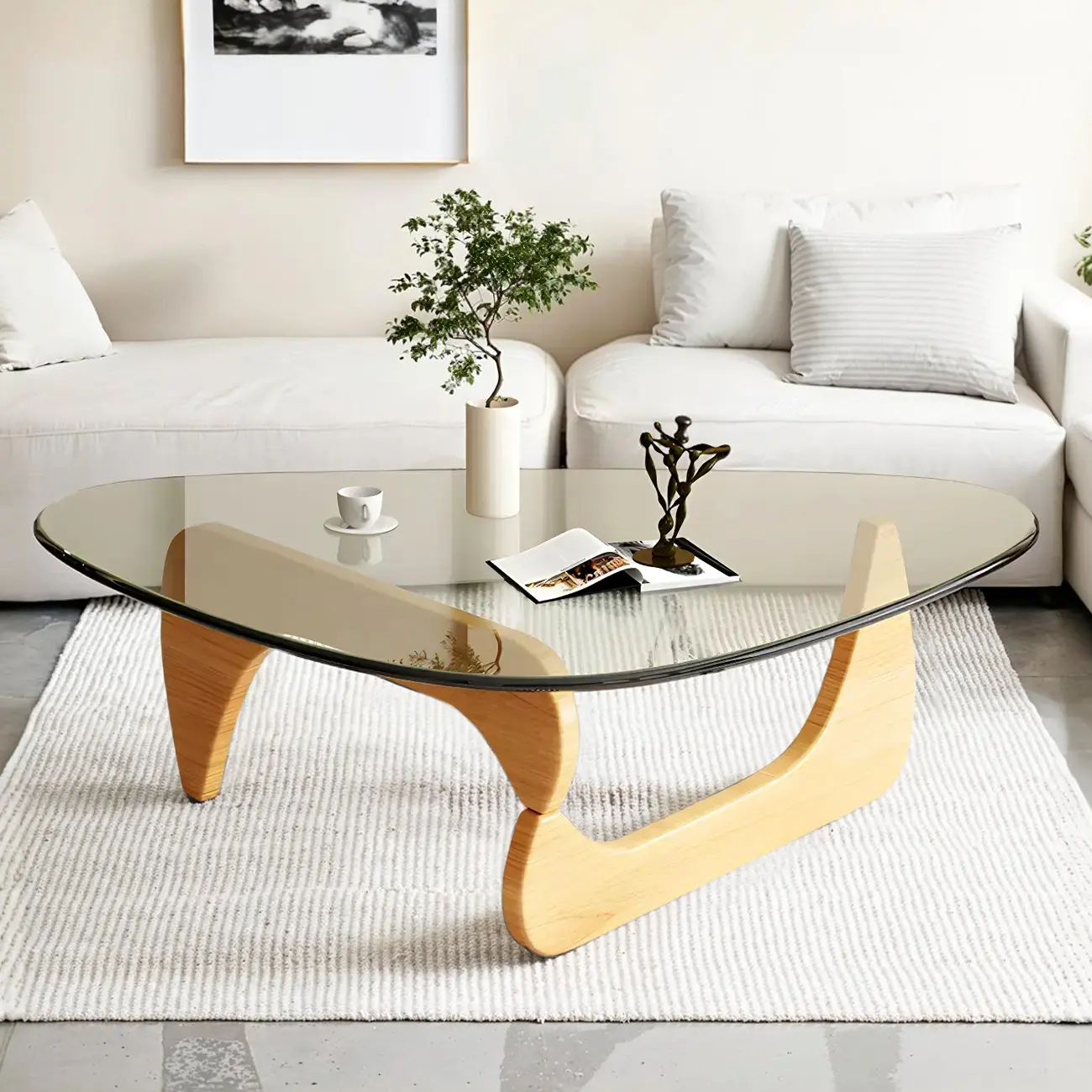 Modern Triangle Glass Coffee Table Wooden Base Image - 11 | homeyfad