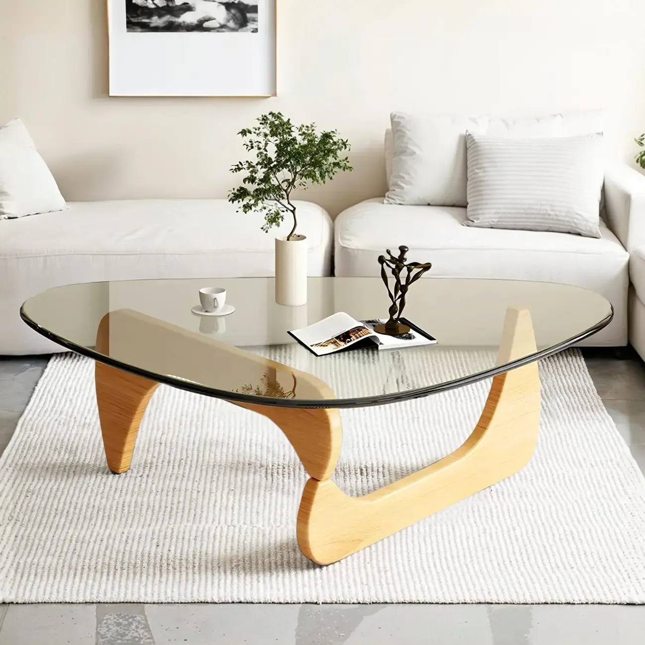 Modern Triangle Glass Coffee Table Wooden Base Image - 11