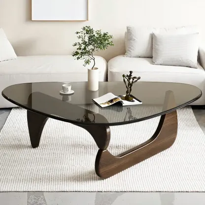 Modern Triangle Glass Coffee Table Wooden Base Image - 12